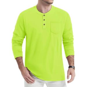 imageTACVASEN Mens Cotton Henley Shirts Long Slevee 3Button with Pocket Moisture Wicking Casual ShirtsFluorescent Green