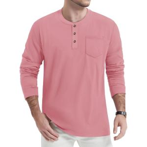 imageTACVASEN Mens Cotton Henley Shirts Long Slevee 3Button with Pocket Moisture Wicking Casual ShirtsGray Pink