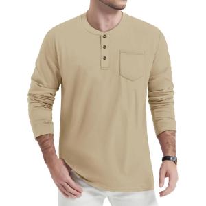 imageTACVASEN Mens Cotton Henley Shirts Long Slevee 3Button with Pocket Moisture Wicking Casual ShirtsKhaki