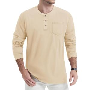 imageTACVASEN Mens Cotton Henley Shirts Long Slevee 3Button with Pocket Moisture Wicking Casual ShirtsLight Apricot