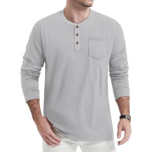 imageTACVASEN Mens Cotton Henley Shirts Long Slevee 3Button with Pocket Moisture Wicking Casual ShirtsLight Gray