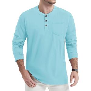 imageTACVASEN Mens Cotton Henley Shirts Long Slevee 3Button with Pocket Moisture Wicking Casual ShirtsLight Lake Blue