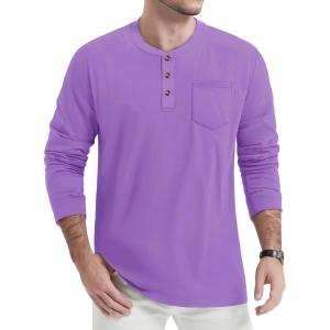 imageTACVASEN Mens Cotton Henley Shirts Long Slevee 3Button with Pocket Moisture Wicking Casual ShirtsLight Purple