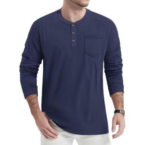 imageTACVASEN Mens Cotton Henley Shirts Long Slevee 3Button with Pocket Moisture Wicking Casual ShirtsNavy