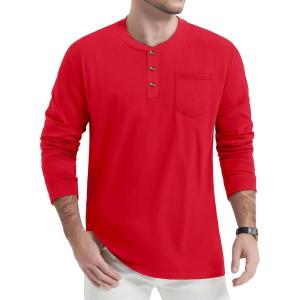 imageTACVASEN Mens Cotton Henley Shirts Long Slevee 3Button with Pocket Moisture Wicking Casual ShirtsTomato Red