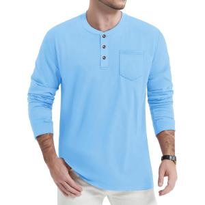imageTACVASEN Mens Cotton Henley Shirts Long Slevee 3Button with Pocket Moisture Wicking Casual ShirtsWaterfall Blue