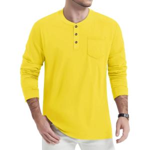 imageTACVASEN Mens Cotton Henley Shirts Long Slevee 3Button with Pocket Moisture Wicking Casual ShirtsYellow