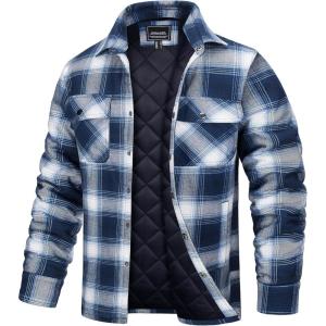 imageTACVASEN Mens Flannel Shirt Jacket Quilted Lined Long Sleeve Button Down Shirts JacketBlue White