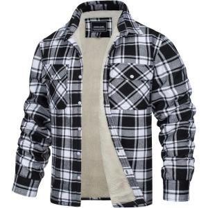 imageTACVASEN Mens Fleece Flannel Plaid Shirt Jacket Soft Sherpa Lined Cotton Casual Thickened Button Down Coat With PocketsBlack