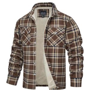 imageTACVASEN Mens Fleece Flannel Plaid Shirt Jacket Soft Sherpa Lined Cotton Casual Thickened Button Down Coat With PocketsBrown