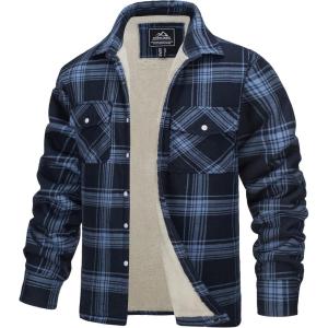 imageTACVASEN Mens Fleece Flannel Plaid Shirt Jacket Soft Sherpa Lined Cotton Casual Thickened Button Down Coat With PocketsGrey Blue