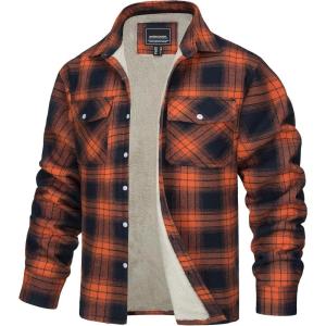 imageTACVASEN Mens Fleece Flannel Plaid Shirt Jacket Soft Sherpa Lined Cotton Casual Thickened Button Down Coat With PocketsOrange