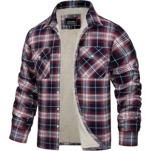 imageTACVASEN Mens Fleece Flannel Plaid Shirt Jacket Soft Sherpa Lined Cotton Casual Thickened Button Down Coat With PocketsRed