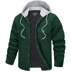 imageTACVASEN Mens Hooded Corduroy Jacket Quilted Lined Cotton Fleece Padded Casual Winter OutwearGreen