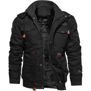 imageTACVASEN Mens Winter Jacket Cotton Military Jackets Fleece Lined Thick Work Warm Cargo Coats with HoodedA149 Black