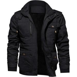 imageTACVASEN Mens Winter Jacket Cotton Military Jackets Fleece Lined Thick Work Warm Cargo Coats with HoodedB148 Black