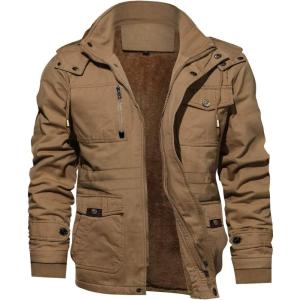 imageTACVASEN Mens Winter Jacket Cotton Military Jackets Fleece Lined Thick Work Warm Cargo Coats with HoodedB148 Khaki
