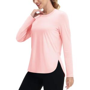 imageTACVASEN Womens UPF 80 UV Shirts Long Sleeve Workout Sun Shirt Outdoor Gym Hiking Tops Breathable LightweightLight Pink