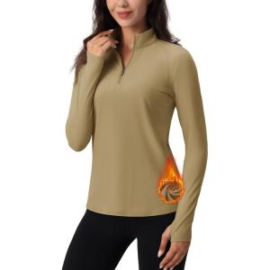 imageTACVASEN Womens Quarter Zip Pullover Workout Jacket Long Sleeve Athletic Sweatshirt Running Golf Tops with Thumb HolesKhaki