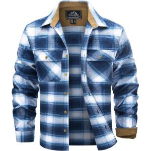 imageTACVASEN Flannel Shirt for Men Long Sleeve Plaid Shirt Corduroy Cuff Collar Casual Lightweight Cotton Button Down ShirtsBlue White