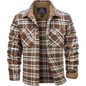 imageTACVASEN Flannel Shirt for Men Long Sleeve Plaid Shirt Corduroy Cuff Collar Casual Lightweight Cotton Button Down ShirtsBrown