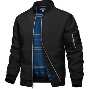 imageTACVASEN Mens Bomber Jacket Plaid Lined Casual Windbreaker Stylish Light Fall Spring Jackets Windproof Zip Up Coat01 Black