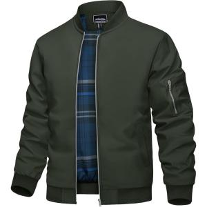 imageTACVASEN Mens Bomber Jacket Plaid Lined Casual Windbreaker Stylish Light Fall Spring Jackets Windproof Zip Up CoatGreen