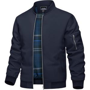imageTACVASEN Mens Bomber Jacket Plaid Lined Casual Windbreaker Stylish Light Fall Spring Jackets Windproof Zip Up CoatNavy