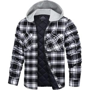 imageTACVASEN Mens Flannel Jacket with Hood Quilted Lined Plaid Shirts Jacket Cotton Long Sleeve Button Down Shirt ShacketBlack
