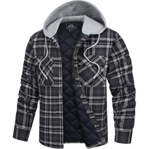 imageTACVASEN Mens Flannel Jacket with Hood Quilted Lined Plaid Shirts Jacket Cotton Long Sleeve Button Down Shirt ShacketBlack Grey