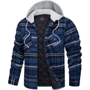 imageTACVASEN Mens Flannel Jacket with Hood Quilted Lined Plaid Shirts Jacket Cotton Long Sleeve Button Down Shirt ShacketBlue Grey