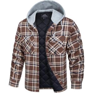 imageTACVASEN Mens Flannel Jacket with Hood Quilted Lined Plaid Shirts Jacket Cotton Long Sleeve Button Down Shirt ShacketBrown