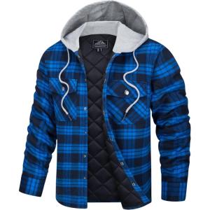 imageTACVASEN Mens Flannel Jacket with Hood Quilted Lined Plaid Shirts Jacket Cotton Long Sleeve Button Down Shirt ShacketColor Blue