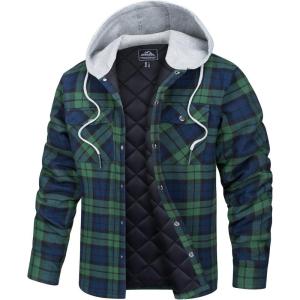 imageTACVASEN Mens Flannel Jacket with Hood Quilted Lined Plaid Shirts Jacket Cotton Long Sleeve Button Down Shirt ShacketGreen