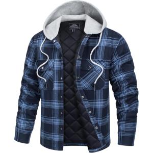 imageTACVASEN Mens Flannel Jacket with Hood Quilted Lined Plaid Shirts Jacket Cotton Long Sleeve Button Down Shirt ShacketGrey Blue