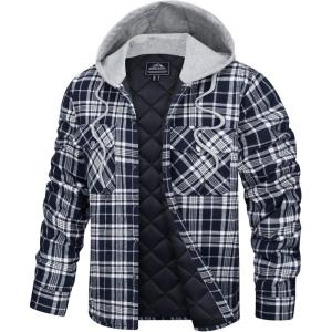 imageTACVASEN Mens Flannel Jacket with Hood Quilted Lined Plaid Shirts Jacket Cotton Long Sleeve Button Down Shirt ShacketNavy