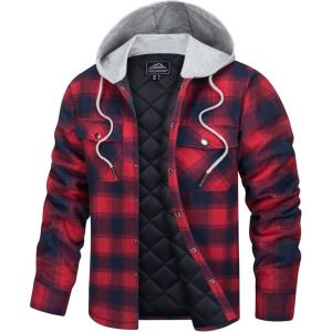 imageTACVASEN Mens Flannel Jacket with Hood Quilted Lined Plaid Shirts Jacket Cotton Long Sleeve Button Down Shirt ShacketNavy Red