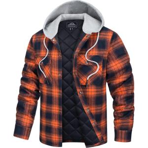 imageTACVASEN Mens Flannel Jacket with Hood Quilted Lined Plaid Shirts Jacket Cotton Long Sleeve Button Down Shirt ShacketOrange