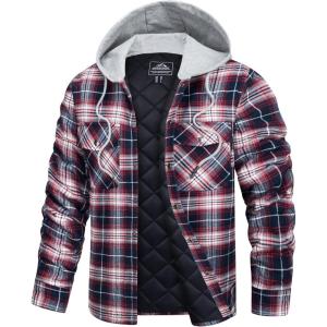 imageTACVASEN Mens Flannel Jacket with Hood Quilted Lined Plaid Shirts Jacket Cotton Long Sleeve Button Down Shirt ShacketRed
