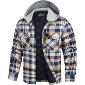 imageTACVASEN Mens Flannel Jacket with Hood Quilted Lined Plaid Shirts Jacket Cotton Long Sleeve Button Down Shirt ShacketYellow