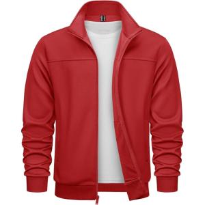 imageTACVASEN Mens Fleece Lined Track Athletic Jackets Lightweight Full Zip Collar Casual Coats for Running with PocketsTomato Red