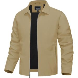 imageTACVASEN Mens Lightweight Windbreaker Full Zip Up Laydown Collar Jackets Light Casual Coat with Zip PocketsKhaki
