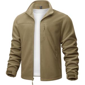 imageTACVASEN Mens Polar Fleece Jacket Full Zip Lightweight Tactical Jacket with Pockets Winter Coats Warm Casual Hiking OutdoorKhaki