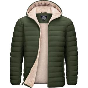 imageTACVASEN Mens Puffer Jacket Hooded Sherpa Lined Water Resistant Windproof Insulated Jacket Warm Winter Puffy CoatArmy Green