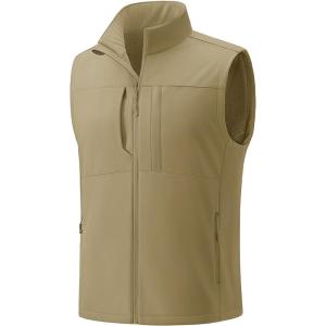 imageTACVASEN Mens Windproof Lightweight Vest Waterproof with Pockets Softshell Sleeveless Fleece Jacket for Hiking GolfKhaki