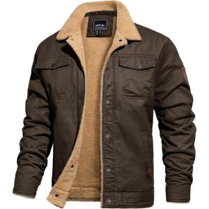 imageTACVASEN Mens Winter Jacket Sherpa Fleece Lined Cargo Coat Warm Thick Trucker Jacket with Multi PocketsBrown
