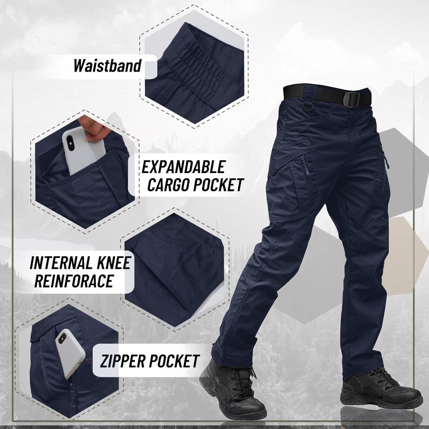 imageTACVASEN Mens Tactical Pants 9 Pockets Cargo Hiking Pants Lightweight Work Pants for Men Construction Water Resistant Navy 38