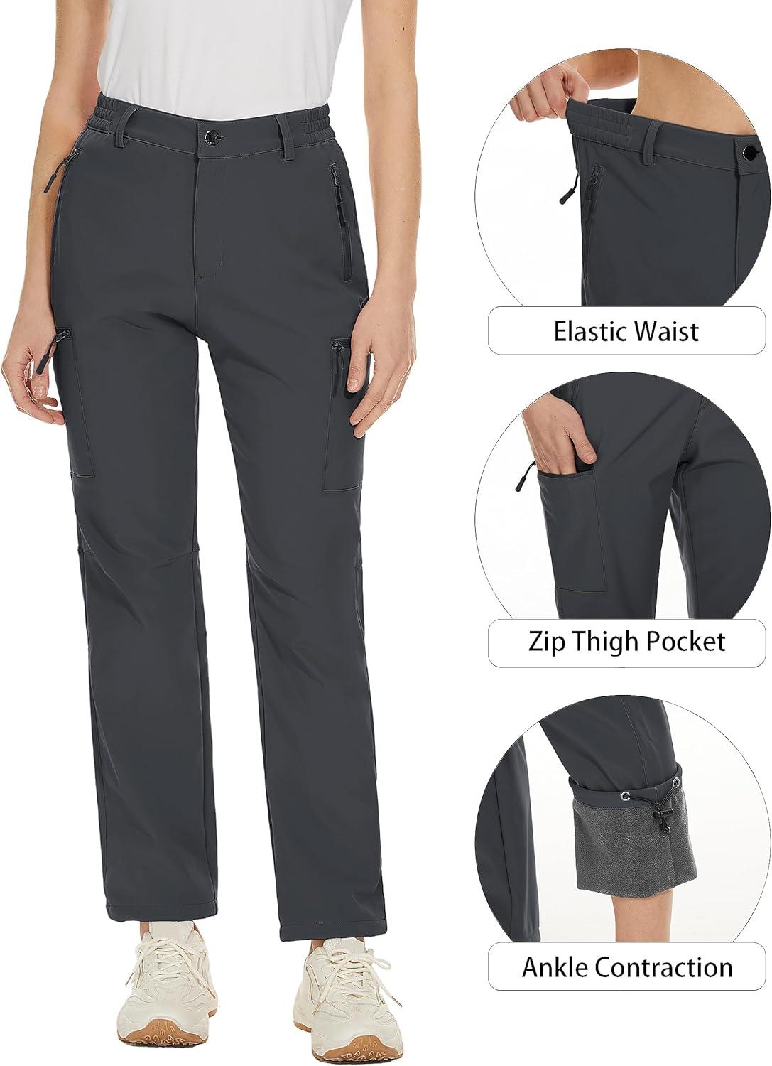 imageTACVASEN Women Cold Weather Hiking Pants Windproof Softshell Insulated Winter Snow Pants Fleece Lined Ski Mountain Pants Dark Grey