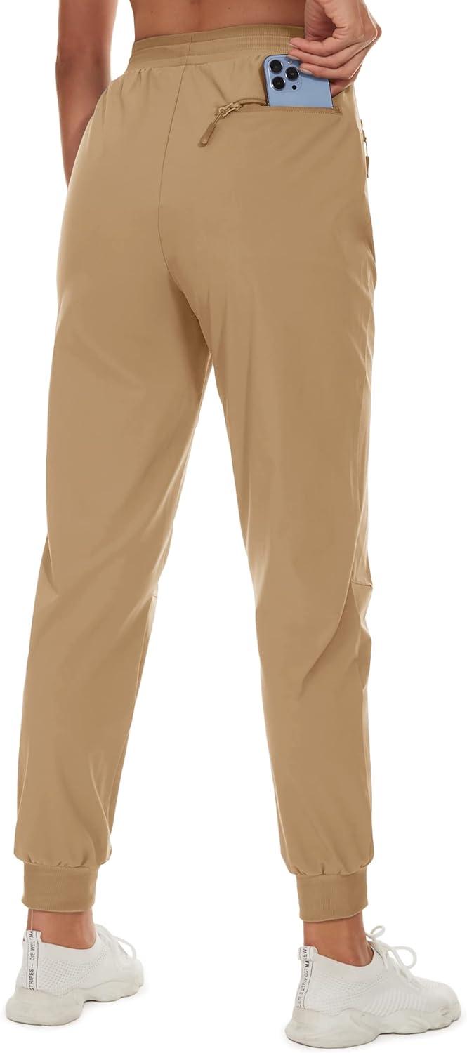 imageTACVASEN Womens Gym Athletic Joggers Pants Water Resistant Performance Fall Hiking Cargo Pants with Zipper Pockets Khaki