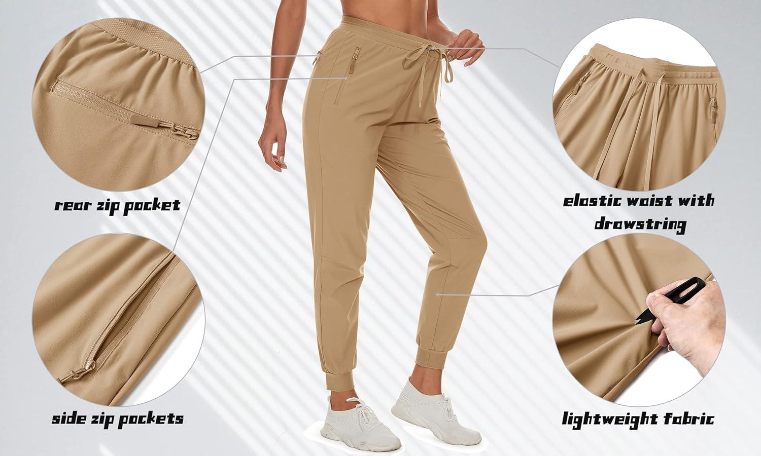 imageTACVASEN Womens Gym Athletic Joggers Pants Water Resistant Performance Fall Hiking Cargo Pants with Zipper Pockets Khaki